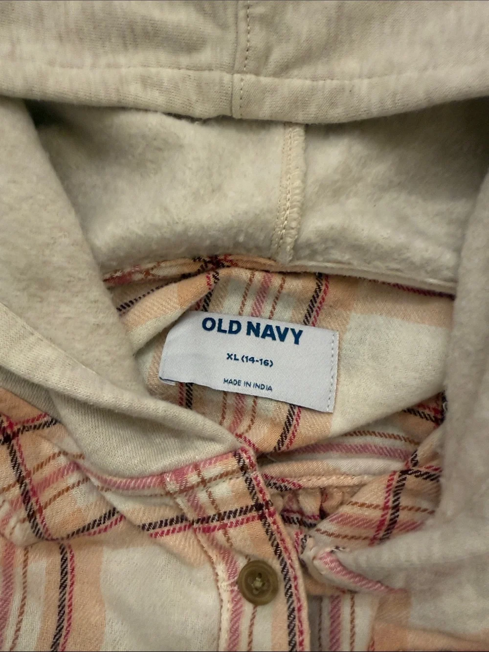 Old Navy Cream and Pink Plaid Hooded Button-Down Shirt
